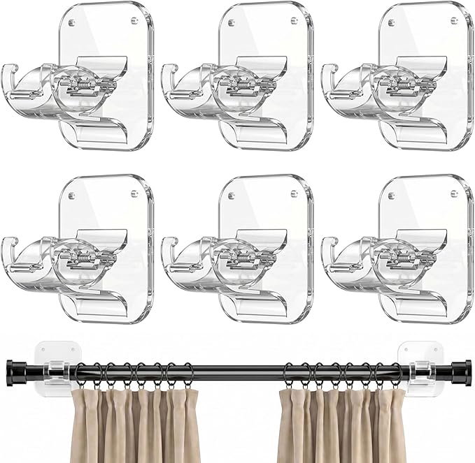 No Drill Curtain Rod Brackets - 20LB, 6 Pack Self Adhesive Curtain Rod Holder, Peel and Stick Wall Hooks, Renter Friendly Upgrades for Apartment, Kitchen, Bathroom, Dorm, Living Room and RV