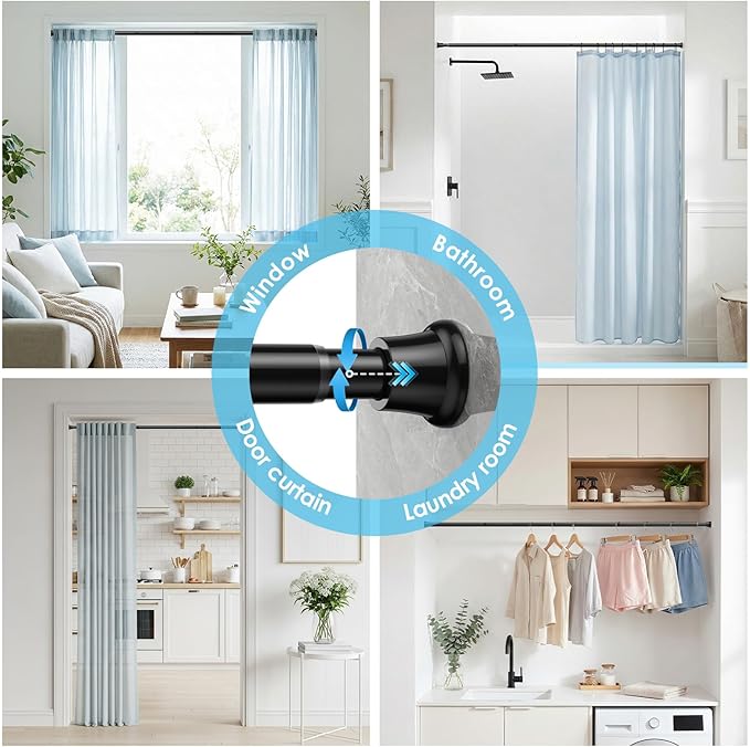 1Pcs Tension Curtain Rod 31 To 76 Inch Black Shower Curtain Rod No Drilling Adjustable Spring Loaded Curtain Rods 7/8"Diameter Shower Rods For Bathroom Windows Bedroom Closet Doorway Door