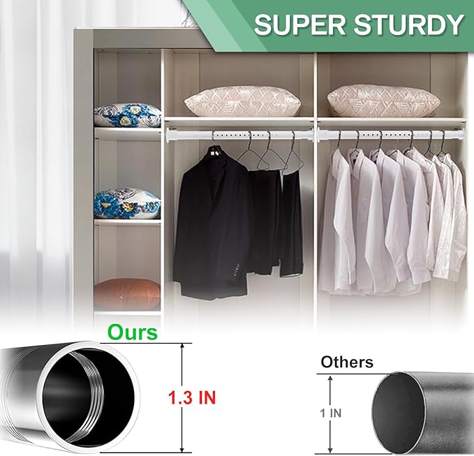 Closet Rods for Hanging Clothes, 1.3 Inch Diameter Heavy Duty Closet Rod 17-39 Inch Adjustable Clothes Hanging Bar Matte White Shower Curtain Rods for Closet, Wardrobes, Bathroom, Windows