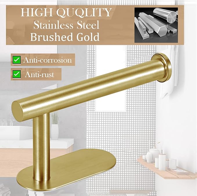 JOPOFI Toilet Paper Holder - Self Adhesive Toilet Paper Holder Wall Mount for Bathroom, Command Strip Stainless Steel Toilet Paper Roll Holder Stick On Wall, No Drilling - Brushed Gold（2 Pcs）
