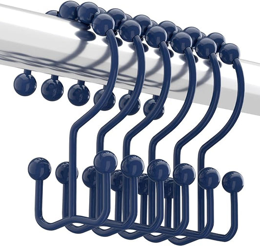 Titanker Shower Curtain Hooks Rings, Rust-Resistant Metal Double Glide Shower Hooks for Bathroom Shower Rods Curtains, Set of 12 Hooks - Navy Blue