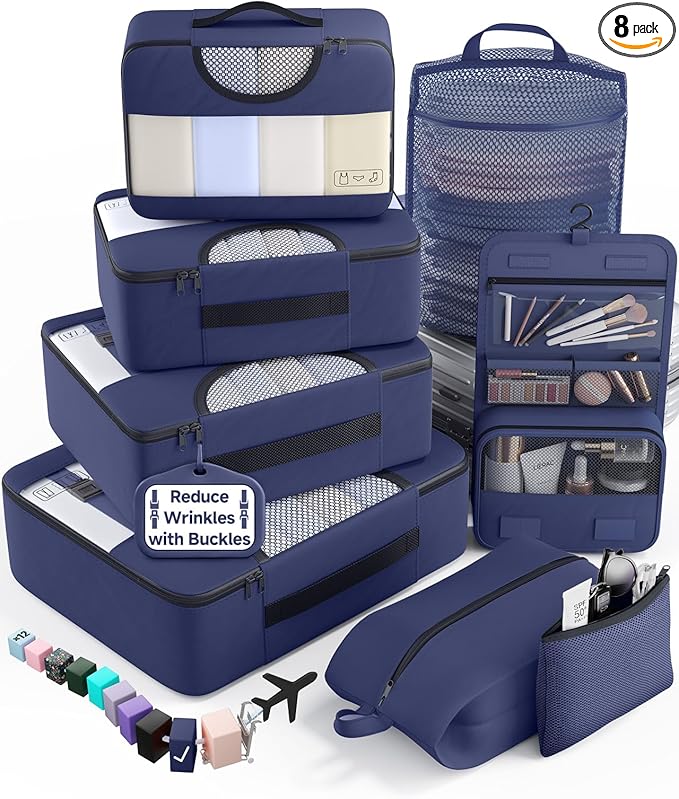Veken 8 Set Packing Cubes for Travel Essentials, Suitcase Organizer Bags in 4 Sizes, Carry-On Luggage Accessories with Large Laundry & Shoes Bag, Must-Have for Airplane, Road Trip & Camping