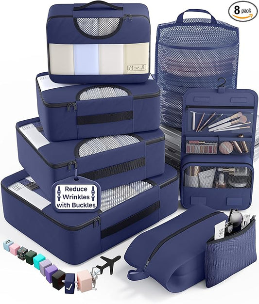 Veken 8 Set Packing Cubes for Travel Essentials, Suitcase Organizer Bags in 4 Sizes, Carry-On Luggage Accessories with Large Laundry & Shoes Bag, Must-Have for Airplane, Road Trip & Camping