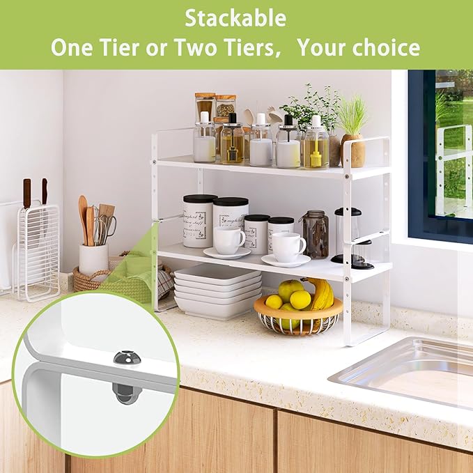 Expandable Cabinet Shelf Organizer Rack, Stackable Kitchen Counter Storage Shelves Stand, Adjustable Height Pantry Shelf Spice Rack