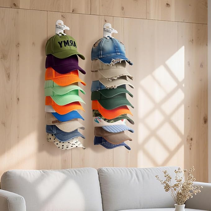 2 Pack Hat Hook Organizer for Baseball Caps, Hat Hanger Holder for 20 Caps, Wall Hat Rack with Strong Adhesive, Multilayer Cap Storage Hooks for Closet Door and Bedroom (Style B-White)