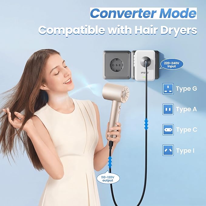 Converter for European Travel, Specially for Hair Dryers, 220v to 110v Voltage Converter with AC Socket, 2 USB C & 2 USB A Ports, Compact Voltage Converter US to Europe (White)