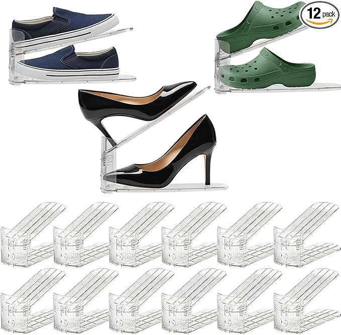 12 Pack Shoe Slots Organizer, Durable Stackable Shoe Holder for Closet Organization, Clear Double Layer Shoe Space Saver, Adjustable Shoe Stacker for Slippers, Loafers, Heels & Sneakers