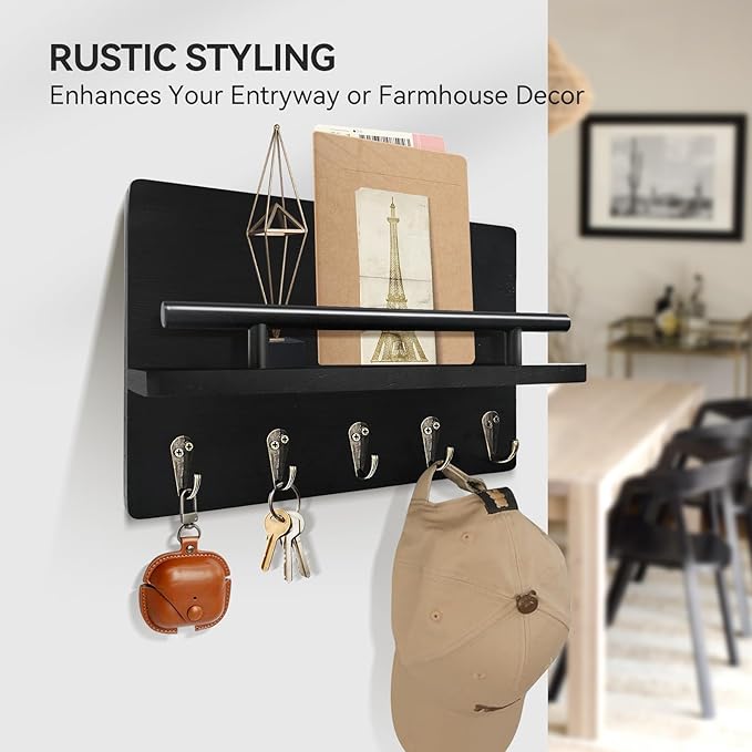 Key Holder Wall Mount, Decorative Key Rack with Shelf & 5 Sturdy Hooks, Rustic Key Hooks for Wall for Mail Organizer Hanging Dog Leash, Glasses, Wooden Key Hanger with Mounting Hardware