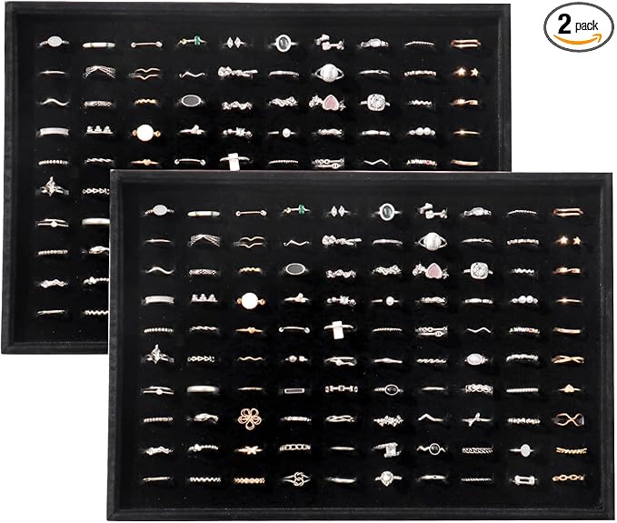 Large Velvet Jewelry Tray 2 Pack Stackable Jewelry Display Drawer Inserts Trays Organizer for Earring Bracelet Necklace Ring (Black, Ring 81 Slots)