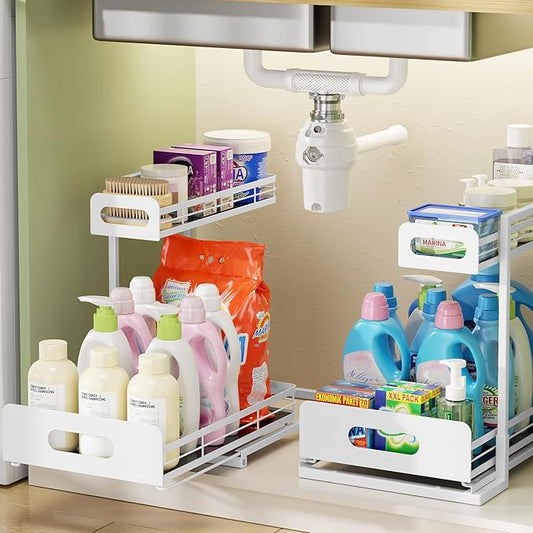 Delamu 2 Pack Metal Bathroom Organizers and Storage, 2 Tier Pull Out Under Sink Organizer for Kitchen Bathroom, Adjustable Under Sink Shelf for Multipurpose Cabinet Organizer, White