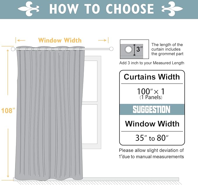 ChrisDowa Room Divider Curtain 108 Inches Long, Wide Blackout Sliding Door Curtain for Bedroom, Room Darkening Privacy Window Curtain for Patio Door (1 Panel Set, Stone Blue, 100 x 108 Inch)