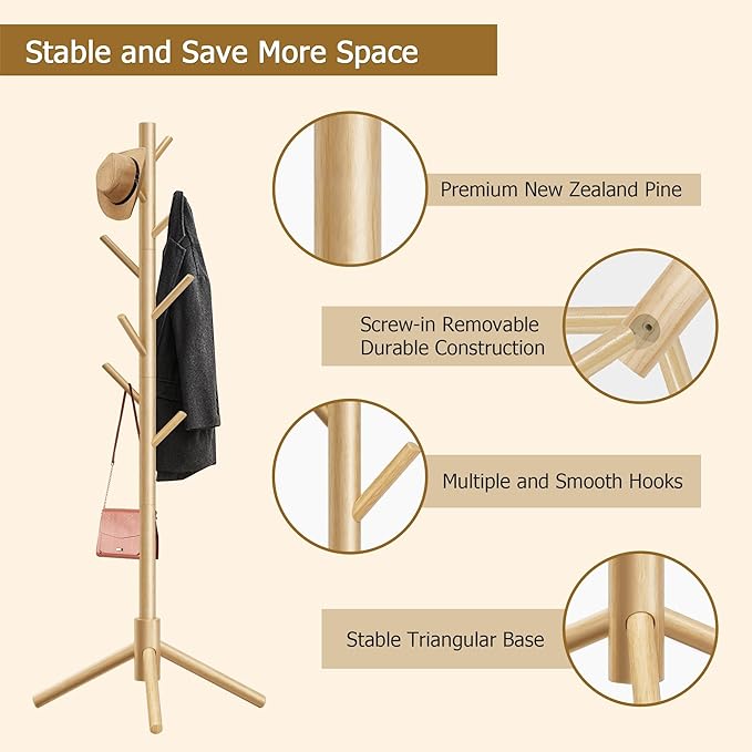 Coat Rack, Coat Racks Freestanding with 8 Hooks 3 Adjustable Heights for Clothes, Hats, Handbags, Coat Tree Easy Assembly for Entryway, Bedroom, Hallway, Office(Nature)