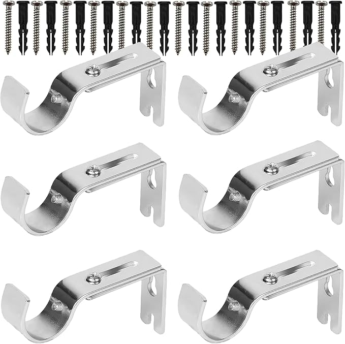 Curtain Rod Brackets for Adjustable, 6 Pack Premium Rod Bracket for Walls, Curtain Rod Holder, Drapery Rod Holders Hardware Window Curtain Rod Support Hanger for 1 Inch Rod (Silver-6Pack)