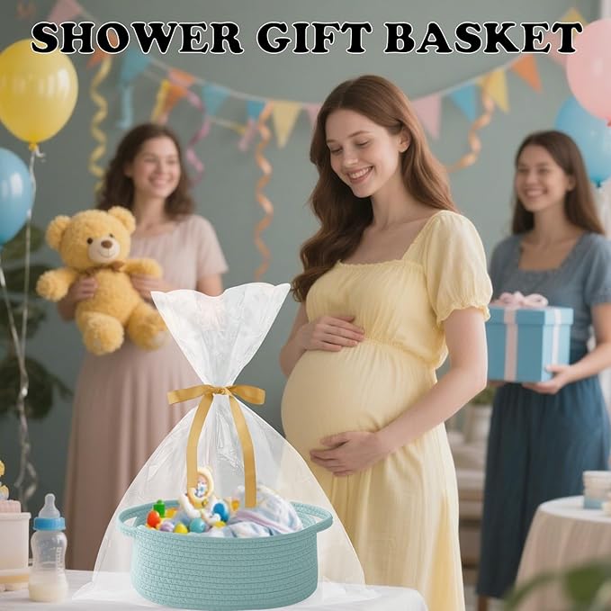 Small Woven Rope Basket-Empty Gifts Basket with Bag and Ribbons,Cute Handle Organizer Box for Birthday/Baby Shower, Toy Storage, Nursery Organizing & Shelf Decor(Aqua)