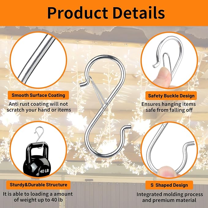 24 PCS S Hooks for Hanging with Safety Buckle, 3.5 inch Heavy Duty Metal S Shaped Hooks for Kitchen Utensil, Cups, Pots, Plants, Bags, Hats (Silver)