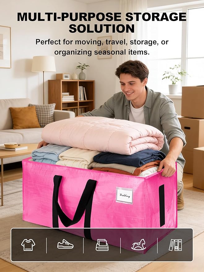 HOMESURE Supports 200lbs Heavy Duty Moving Bags - Strong Zipper & Wrap-Around Handles - Water-Resistant Storage Totes, Durable Alternative to Moving Boxes - 8 Pack - Pink