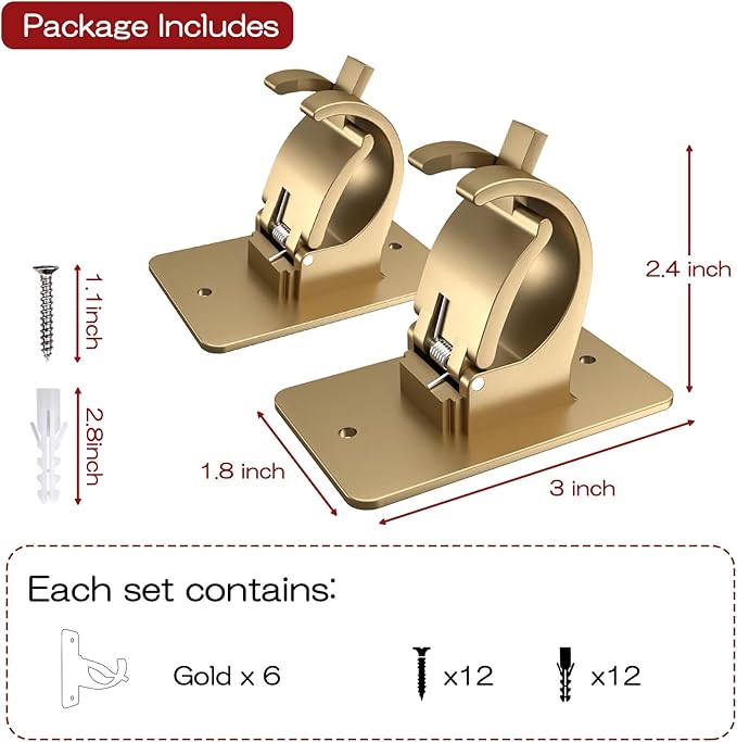 CIEMGNZOC 6PCS No Drill Curtain Rod Brackets, Self-Adhesive Curtain Rods No Drilling, Nail Free Adjustable Curtain Rod Holders, Curtain Hooks for Rod Less Than 1.57 Inch Diameter (Gold)