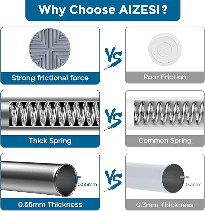 AIZESI Silver Adjustable Tension Curtain Rod, 31-63 Inch Spring No Drill Stainless Steel Shower Rods for Bathroom，Closet ，Window–Rust Resistant，Non-Slip
