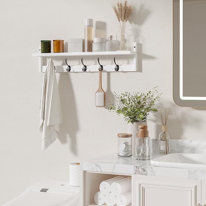 BAMEOS Wall-Mounted Wood Shelf with 5 Dual Hooks for Bathroom, Living Room, Bedroom (White-with Shelf)