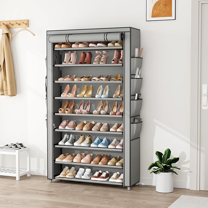 Shoe Rack with Cover, 10 Tier Shoe Organizer Storage for 40-50 Pairs Sneaker and Boots, Large Capacity, with 8 Pockets, Free Standing Tall Shoe Rack for Front Door Entrance, Closet, Grey