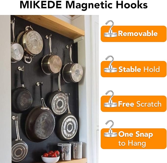 MIKEDE Magnetic Hooks Heavy Duty, 170LB+ Strong Neodymium Magnets for Refrigerator, Large Magnetic Hooks for Hanging, Magnets with Hooks Cruise Ship Essentials for Kitchen, Workplace - 8 Pack