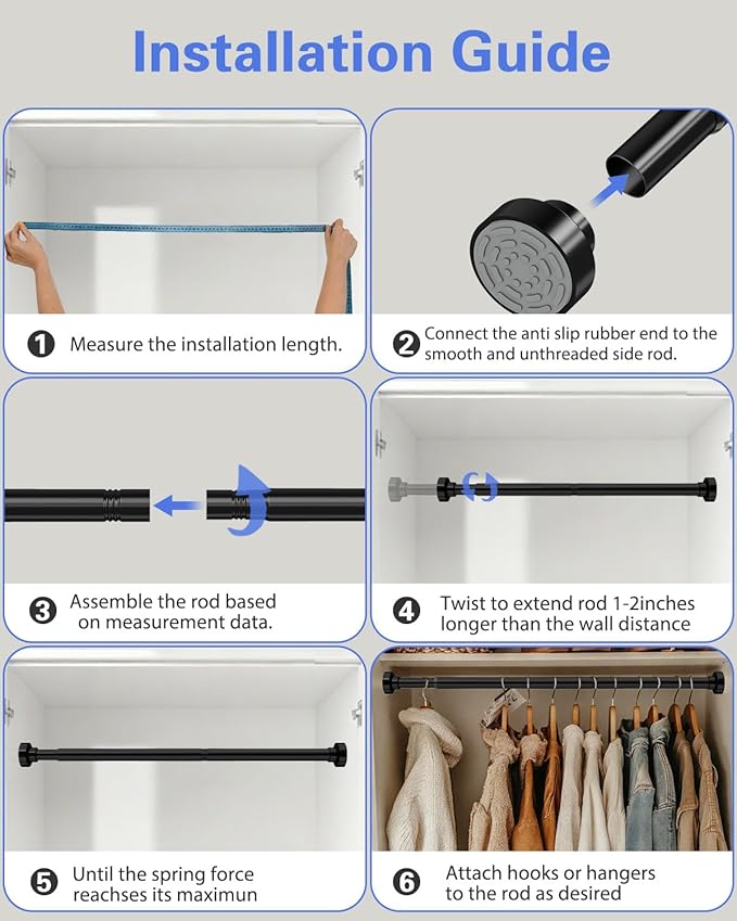 Supforce No Drilling Closet Rods for Hanging Clothes, Non Slip Tension Rod with Heavy Duty Clothes Hanging Rod, 17-39 Inches Adjustable Spring Closet Rod for Closet Wardrobe Bathroom Laundry RV, Black