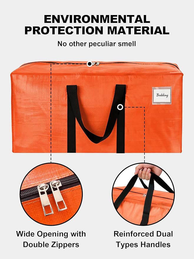 80 Pack Large Strong Moving Bags with Zippers & Carrying Handles - Water-Resistant - Heavy Duty Storage Tote for Space Saving, Fold Flat, Alternative to Moving Box (Orange)
