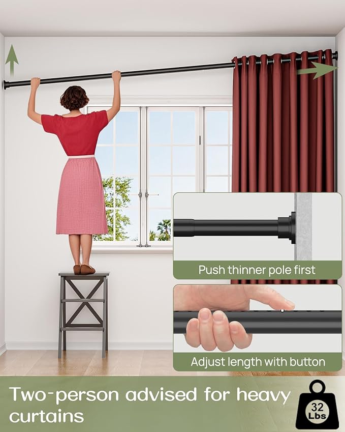 ALLZONE Tension Curtain Rod for Window, 2 Pack 83-123 Inches, Heavy Duty Curtain Rods No Drilling, Non-Slip Bathroom Shower Tension Rod, Renter Friendly, Adjustable, Spring Loaded, Extra Long, Black