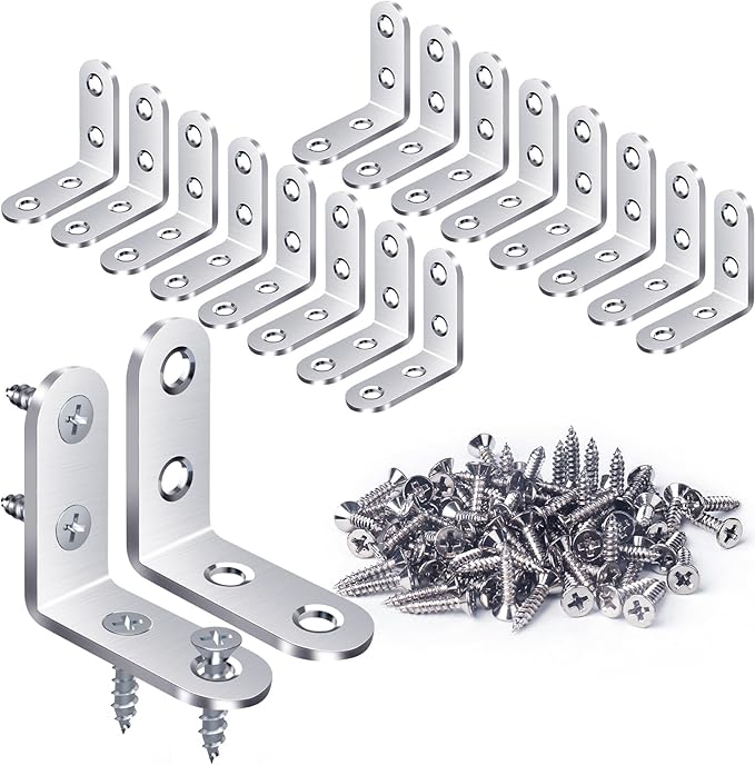 FATLODA 18PCS L Bracket & Corner Brace, Stainless Steel Right Angle Brackets for Shelves & Furniture with 72 Screws (40mmx40mm)