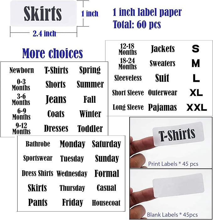 10 Pack White Clothing Rack Size Dividers Plus 45 Labels (1 Inch) and 18 Large Blank Labels, Large Rectangular Clothing Closet Dividers (Blue)
