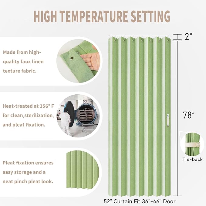 Vatge Curtain for Closet Without Door - Accordion Folding Door Curtain for Doorway, and Open Closet, Hanging Privacy Curtain Wall for Room Separation,1 Panel with Tieback, W52 x L78, Green