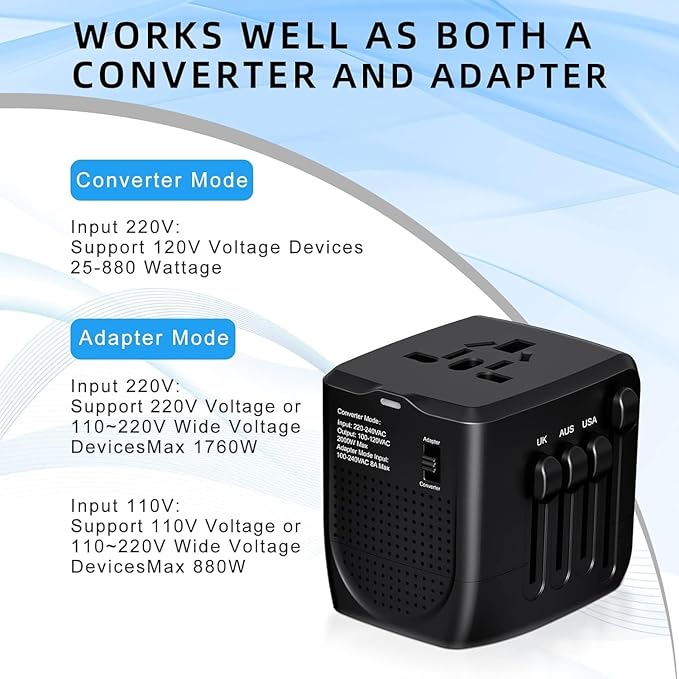 Travel Converter Adapter Voltage Converter that Steps Down 220 Volts to 110 Volts for use in Over 200 Countries,Including The U.S., U.K., Europe, and Australia