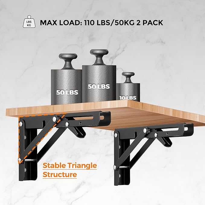 Ravinte 2 Pack 6 Inch Folding Shelf Brackets – Matte Black, Heavy Duty Collapsible Brackets for Tables and Benches – Space-Saving Design
