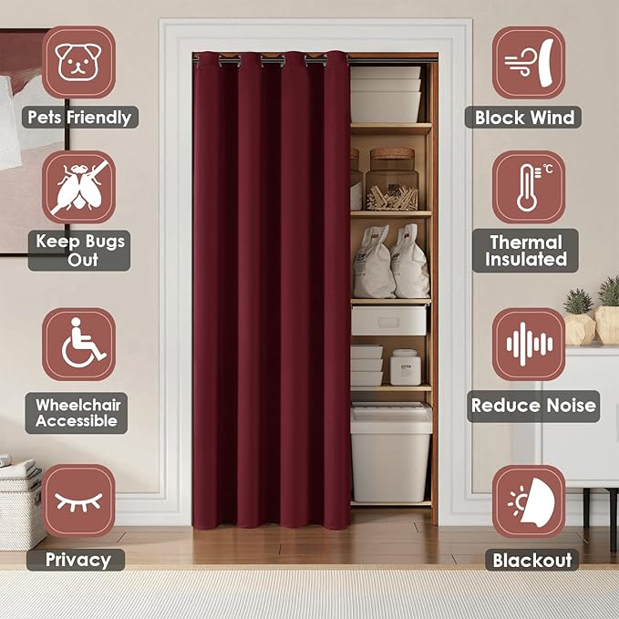 ChrisDowa Blackout Door Curtains for Doorway Privacy, Grommet Closet Curtains for Bedroom Closet Door, Thermal Insulated Doorway Cover Room Divider Drapes (1 Panel, Burgundy Red, 42 x 80 Inch)