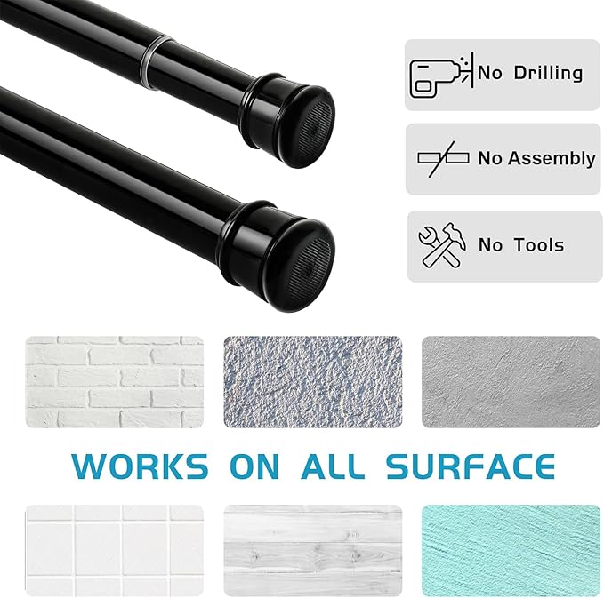 2 Pack No Sectional Assembly Shower Curtain Rod 42-78 Inch, 1" Diameter Spring Long Adjustable Tension Curtain Rods for Bathroom Windows Closet No Drilling No Rust, Black