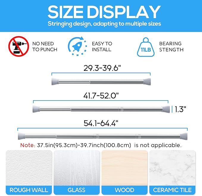 Tension Curtain Rod silver 1PCS Tension Rods for Windows 30 to 64 Inch Spring Curtain Rod Adjustable Tension Rod Tension Curtain Rod of Bathroom Window Curtain Rod Non Slip