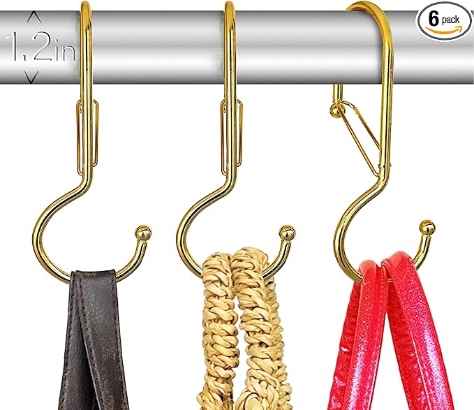 6 Purse Hanger for Closet. Tote Hanger. S-Shaped Hooks S Hooks Twist Design. Anti Drop S-Shaped Hook for Hanging Handbags with Safety Buckle to Prevent Falls. Heavy Duty. (Gold, Twisted)