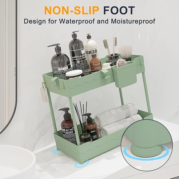 2 Pack Under Sink Organizer, Under Bathroom Cabinet Organizer with Hooks Hanging Cup, Multi-Purpose Storage Shelf for Kitchen Bathroom (Green, XL)
