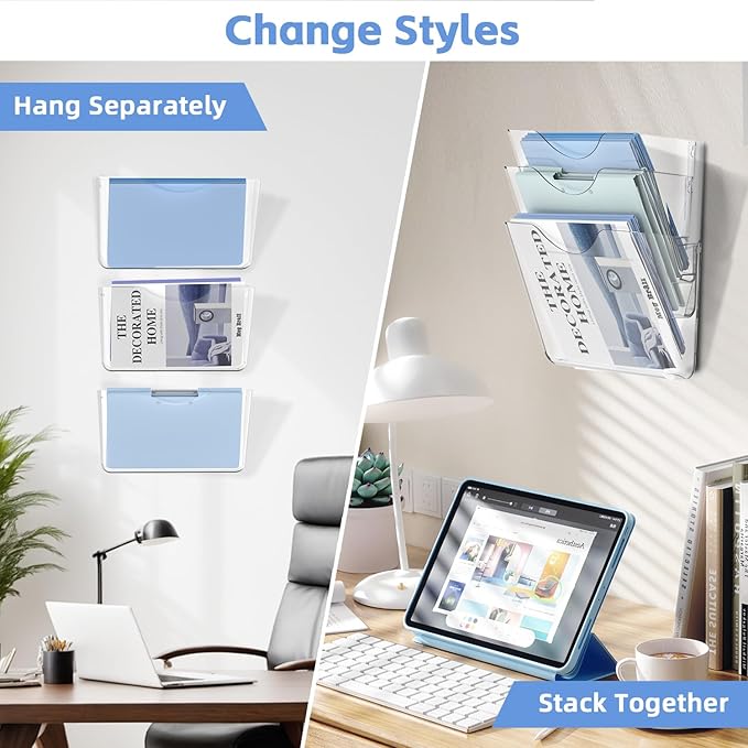 SUPEASY Clear Acrylic Wall File Organizer, One-Piece Wall Mount File Holder for Mail Magazines Letter Size Folders, Single Pocket for Office, Home or Classroom, 6 Pack Screws Not Included
