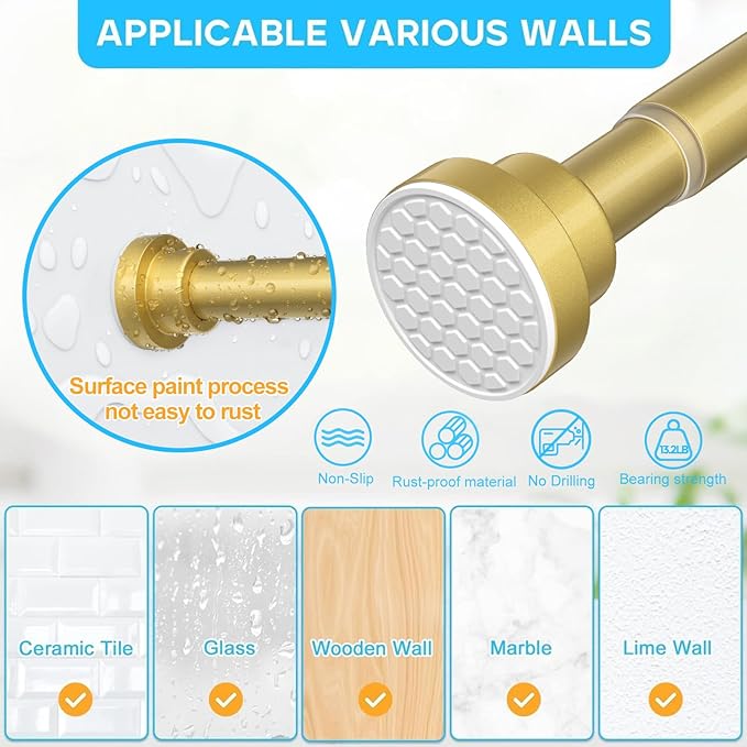 1Pack Gold Spring Tension Curtain Rod 45-78 Inches, 7/8" Diameter Adjustable Shower Curtain Rod No Drill, Anti-slip Heavy Duty Spring Curtain Rod for Windows Bathroom Kitchen Closet Doorway