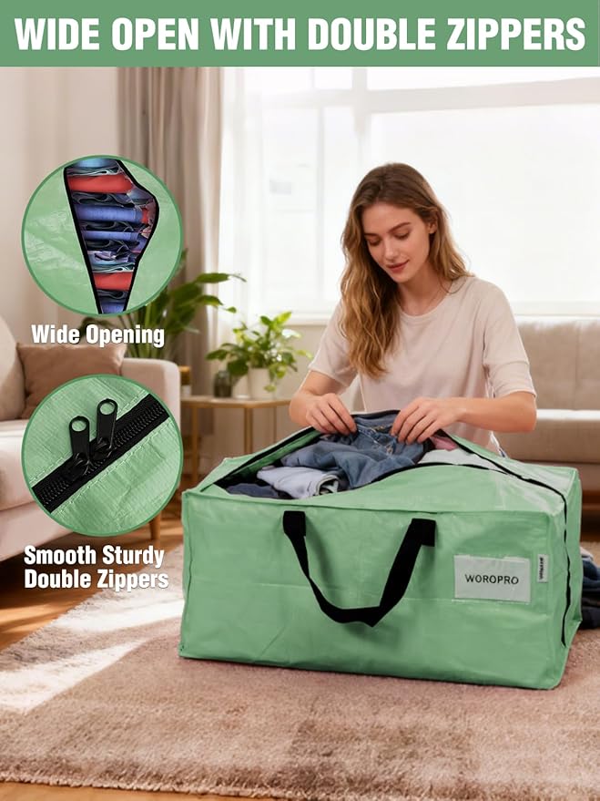 WORKPRO 4 Pack Extra Large Moving Bags with Zippers & Carrying Handles Backpack Straps, Heavy-Duty Storage Tote for Space Saving & Storage, Alternative to Moving Box (Green)