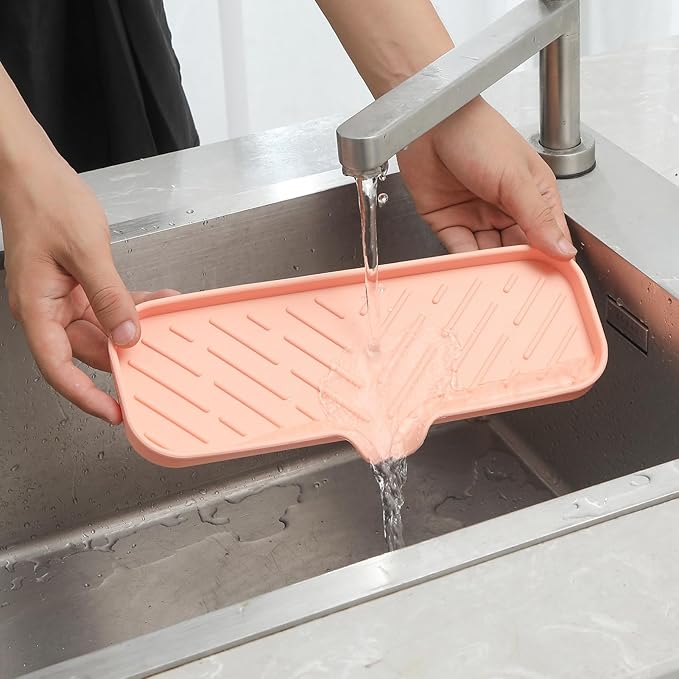 MicoYang Silicone Soap Dish with Drain Spout — Self-Draining Double Sink Organizer Tray for Kitchen & Bathroom, Dispensers, Sponges & Soap Holder, Non-Slip & Dishwasher Safe, Pink (Large, 12"×4")