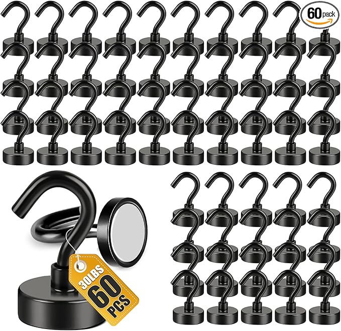 DIYMAG Magnetic Hooks, 30lbs+ Magnet Garage Hook 2026 Cruise Cabin Ship Essentials Heavy Duty Strong Magnets Refrigerator Fridge Hanging for Classroom Beach Vacation Kitchen Grills Home Black 60 Pack