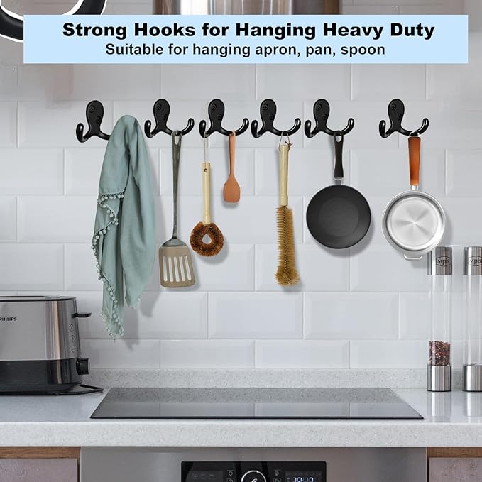 Kruodop 10 Pack Wall Hooks Wall Mounted Coat Hooks for Hanging Heavy Duty, Black Towel Hooks, Metal Double Coat Hanger with Screws Cup Retro for Coats, Handbags, Towels, Hat