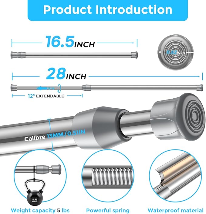 AIZESI 4PCS Silver Tension Rod 17 to 28 Inch, Adjustable Spring Curtain Rods No Drilling, Spring Tension Rods for Window DIY Cupboard Wardrobe