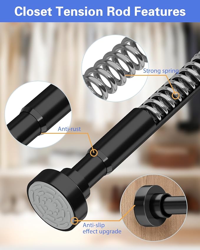 Supforce No Drilling Closet Rods for Hanging Clothes, Non Slip Tension Rod with Heavy Duty Clothes Hanging Rod, 17-39 Inches Adjustable Spring Closet Rod for Closet Wardrobe Bathroom Laundry RV, Black