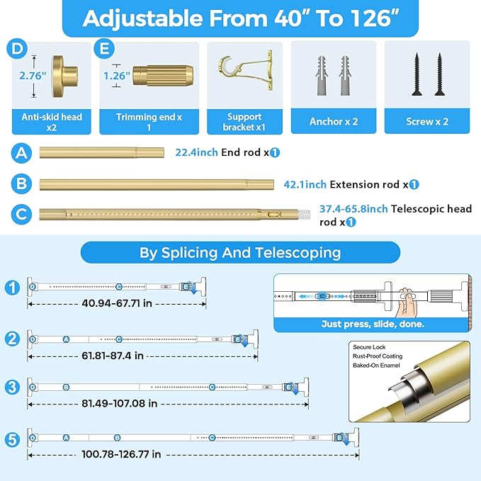 AIZESI 41-124 Inch Heavy Duty Gold Tension Curtain Rod - No Drilling, Adjustable, Rust-Proof for Outdoor, Living Room, Bathroom