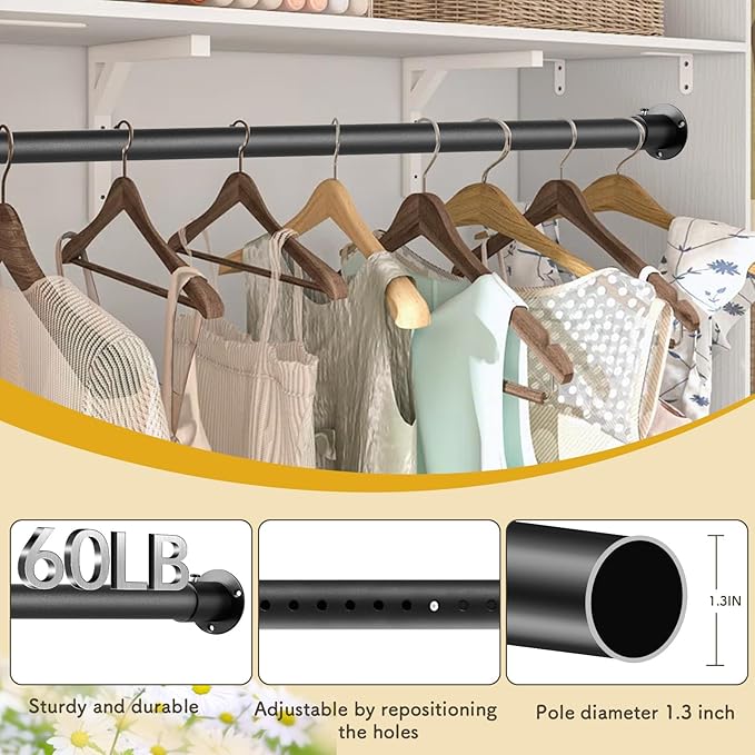 Closet Rod, 17 to 99 Inch Adjustable Closet Rod for Rugged Durability,1.3 Inch Diameter Heavy Duty Closet Rods for Hanging Clothes,Premium Metal Black Closet Poles for Wardrobes
