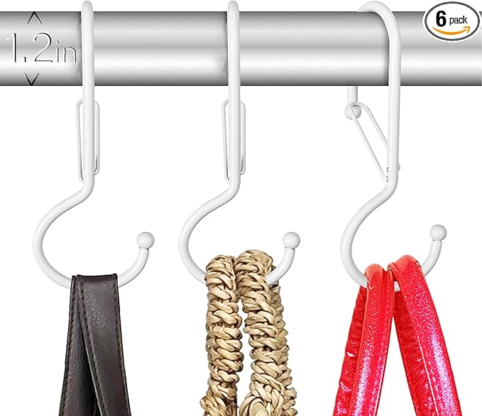 6 Purse Hanger for Closet. Tote Hanger. S-Shaped Hooks S Hooks Twist Design. Anti Drop S-Shaped Hook for Hanging Handbags with Safety Buckle to Prevent Falls. Heavy Duty. (White, Twisted)