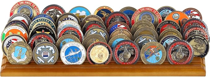 DisplayGifts Challenge Coin Display Stand, 6 Row Wooden Holder Rack Case Holds 42 Coins (Light Walnut Finish - 6 Rows)